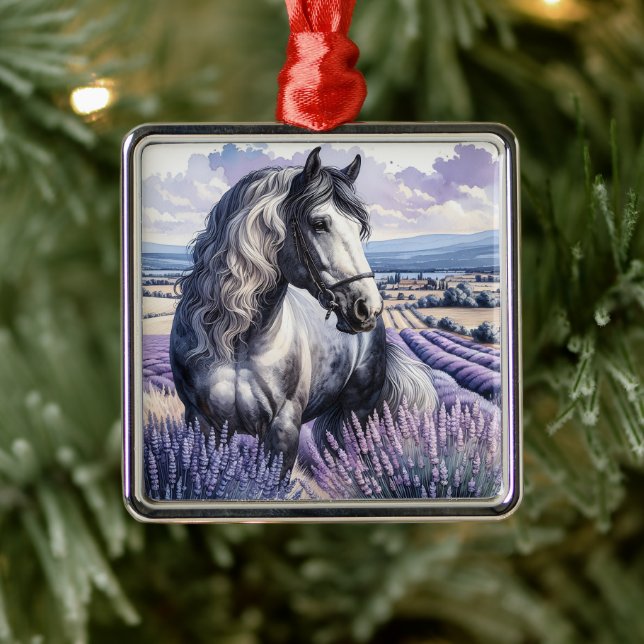 Ornement Carré Argenté Cheval gris joli debout en Lavender (Arbre)