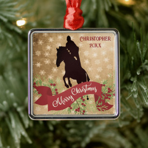 Ornement Carré Argenté Cheval personnalisé Sauts Joyeux Noël