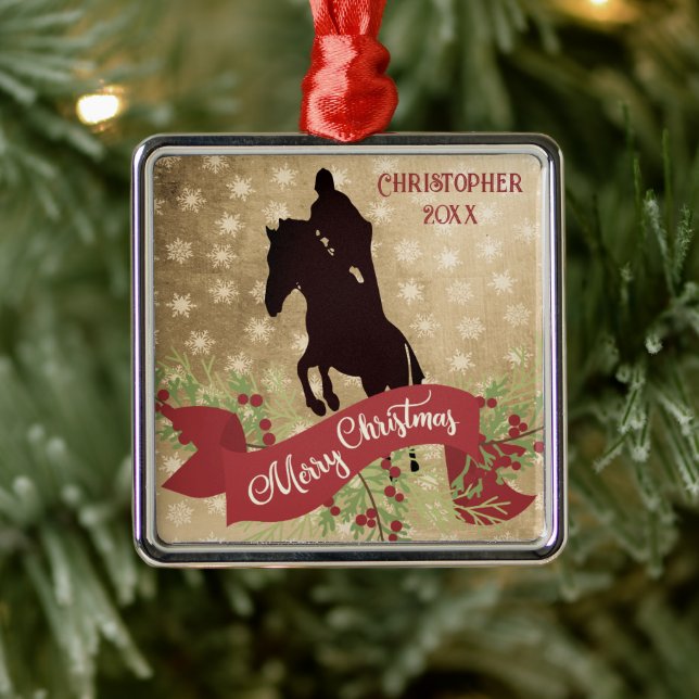 Ornement Carré Argenté Cheval personnalisé Sauts Joyeux Noël (Arbre)