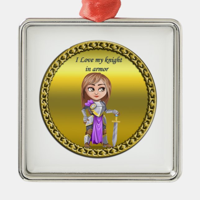 Ornement Carré Argenté Chevalier violet et argenté dans son armure et son (Devant)