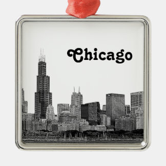 Ornement Carré Argenté Chicago Skyline Etché