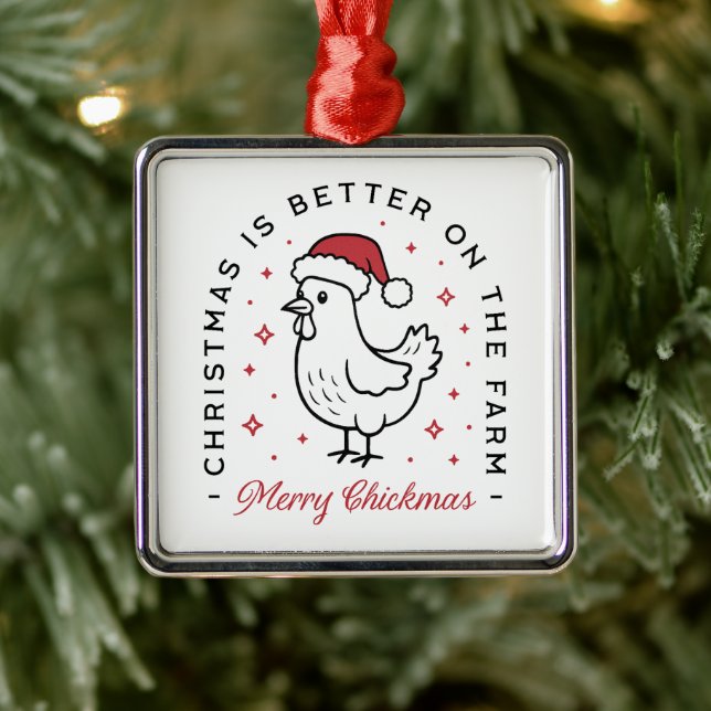 Ornement Carré Argenté Chicken Merry Christmas country funny farm animal (Arbre)
