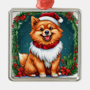 Ornement Carré Argenté Chien adorable en tenue de Père Noël