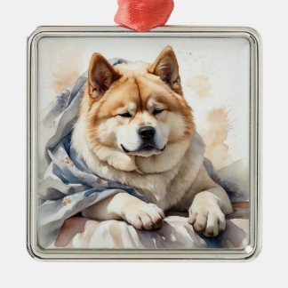 ORNEMENT CARRÉ ARGENTÉ CHIEN AKITA A L'AQUARELLE TAN & BLANC