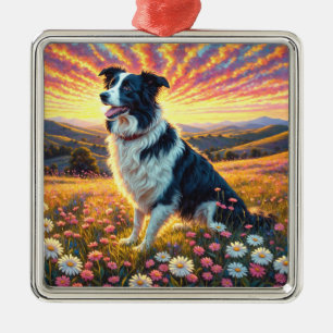 Ornement Carré Argenté Chien Border Collie