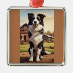 Ornement Carré Argenté Chien Border Collie