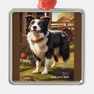 Ornement Carré Argenté Chien Border Collie