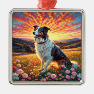 Ornement Carré Argenté Chien Border Collie