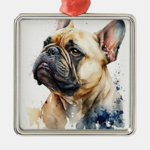 ORNEMENT CARRÉ ARGENTÉ CHIEN BOULEDOGUE FRANÇAIS TAN A L'AQUARELLE