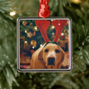 Ornement Carré Argenté Chien de laboratoire jaune Vintage Christmas