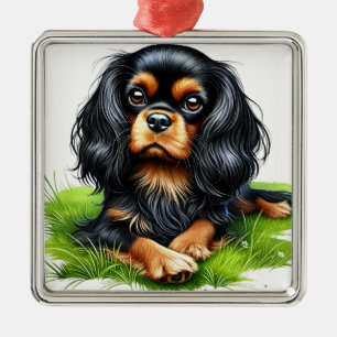 ORNEMENT CARRÉ ARGENTÉ CHIEN ESPAGNOL BLACK & TAN CAVALIER KING CHARLES