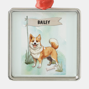 Ornement Carré Argenté Chien Lundehund norvégien aquarelle personnalisé