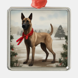 Ornement Carré Argenté Chien malinois belge à Noël de neige
