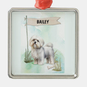 Ornement Carré Argenté Chien Maltais Aquarelle Personnalisé