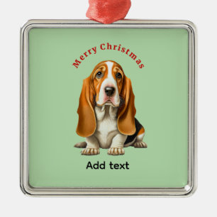 Ornement Carré Argenté Chien, modèle Basset Hound, Noël