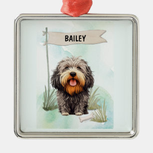 Ornement Carré Argenté Chien Personnalisé Aquarelle Puli