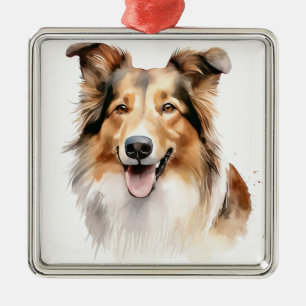 ORNEMENT CARRÉ ARGENTÉ CHIEN ROUGH COLLIE À L'AQUARELLE MAGNIFIQUE