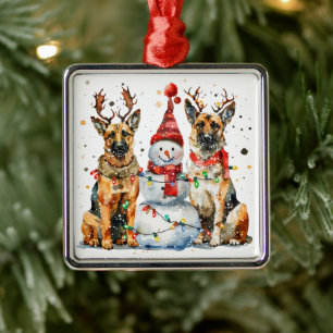 Ornement Carré Argenté Chiens de berger allemands de Noël