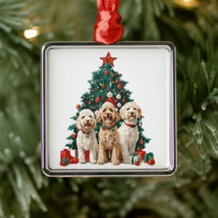 Ornement Carré Argenté Chiens de Noël Goldendoodle