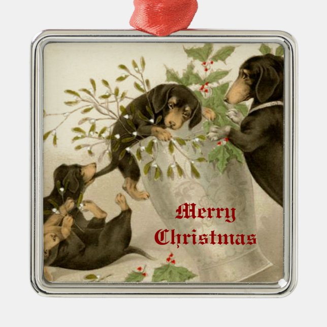 Ornement Carré Argenté Chiens jouant avec le mistletoe de Noël et la baie (Devant)