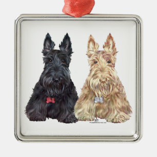 Ornement Carré Argenté Chiens Scottie Wheat et Noirs