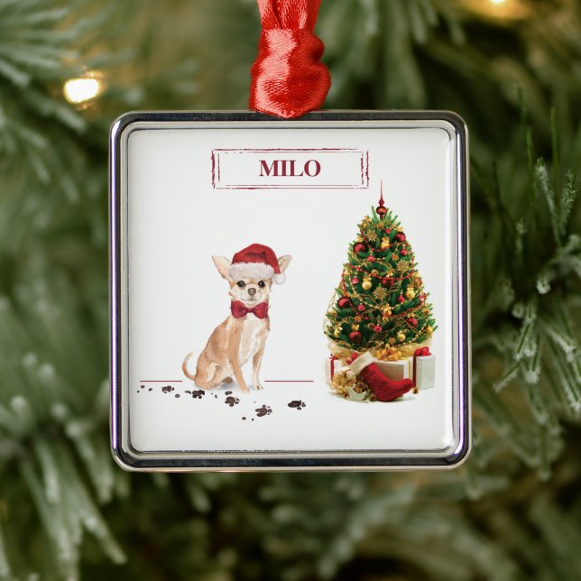 Ornement Carré Argenté Chihuahua Funny Chien de Noël avec arbre (Arbre)