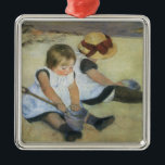 Ornement Carré Argenté Children Playing on the Beach by Mary Cassatt<br><div class="desc">Children Playing on the Beach (1884) by Mary Cassatt is a vintage impressionism fine art Victorian Era family portrait painting. Twin sisters, two young girls, are playing with sand toys on a beach during the summer season. They could be siblings or best friends. About the artist: Mary Stevenson Cassatt (1844-1926)...</div>