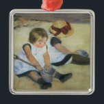 Ornement Carré Argenté Children Playing on the Beach by Mary Cassatt<br><div class="desc">Children Playing on the Beach (1884) by Mary Cassatt is a vintage impressionism fine art Victorian Era family portrait painting. Twin sisters, two young girls, are playing with sand toys on a beach during the summer season. They could be siblings or best friends. About the artist: Mary Stevenson Cassatt (1844-1926)...</div>