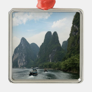 Ornement Carré Argenté Chine, Guilin, rivière Li, bateaux de rivière bord