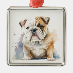 ORNEMENT CARRÉ ARGENTÉ CHIOT DE BOULEDOGUE BLANC ET BRUN ADORABLE