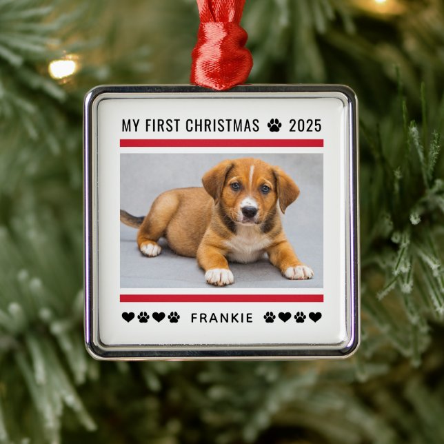 Ornement Carré Argenté Chiot First Christmas Red Custom Photo (Arbre)
