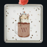 Ornement Carré Argenté Chocolat Noël Snowman Milkshake Monogramme<br><div class="desc">Illustration d'un milk-shake extrême au thème de Noël au chocolat surmonté d'arroses,  d'un fudge chaud,  de puces au chocolat,  d'un bonhomme de neige en forme de marshmallow,  de crème fouettée et d'un biscuit de Noël en forme de flocon de neige. Monogramme avec initial.</div>