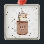 Ornement Carré Argenté Chocolat Noël Snowman Milkshake Monogramme<br><div class="desc">Illustration d'un milk-shake extrême au thème de Noël au chocolat surmonté d'arroses,  d'un fudge chaud,  de puces au chocolat,  d'un bonhomme de neige en forme de marshmallow,  de crème fouettée et d'un biscuit de Noël en forme de flocon de neige. Monogramme avec initial.</div>