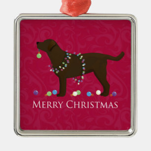 Ornement Carré Argenté Chocolate Lab Merry Christmas Design