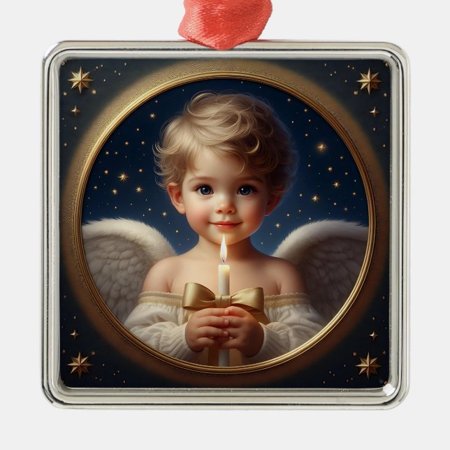 Ornement Carré Argenté Christmas Angel Ornament with Candle (Devant)