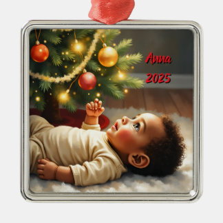 Ornement Carré Argenté Christmas Baby Under The Tree Scene 