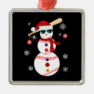 Ornement Carré Argenté Christmas Baseball Snowman Santa Hat Gift
