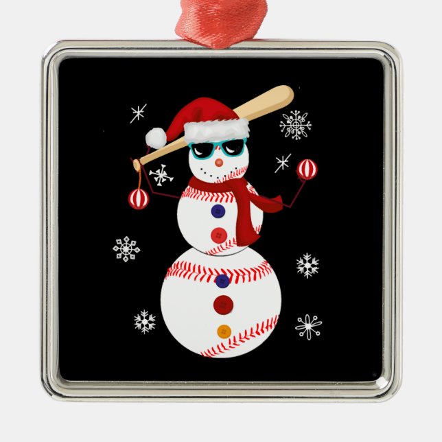 Ornement Carré Argenté Christmas Baseball Snowman Santa Hat Gift (Devant)