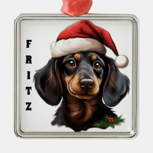 ORNEMENT CARRÉ ARGENTÉ CHRISTMAS BLACK TAN DACHSHUND CHIEN