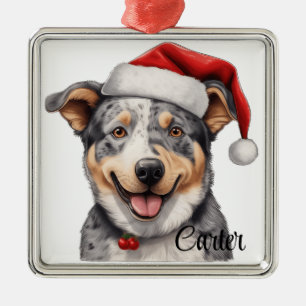 ORNEMENT CARRÉ ARGENTÉ CHRISTMAS CHIEN AUSTRALIEN CHIEN AVEC SANTA HAT