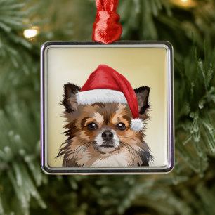 Ornement Carré Argenté Christmas Chihuahua puppy with Santa hat