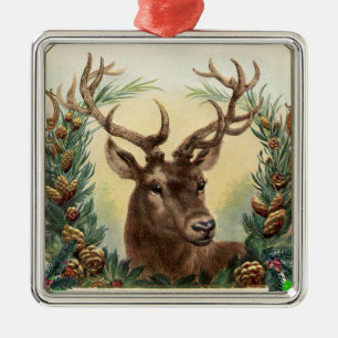 Ornement Carré Argenté CHRISTMAS DEER AVEC PINE CONES COURONNE Vert Brown