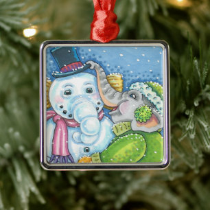 ORNEMENT CARRÉ ARGENTÉ CHRISTMAS ÉLÉPHANT CONSTRUCTION CUTE PACHYDERM SNO