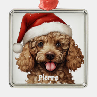 ORNEMENT CARRÉ ARGENTÉ CHRISTMAS POODLE POPPLE CHIEN AVEC SANTA HAT