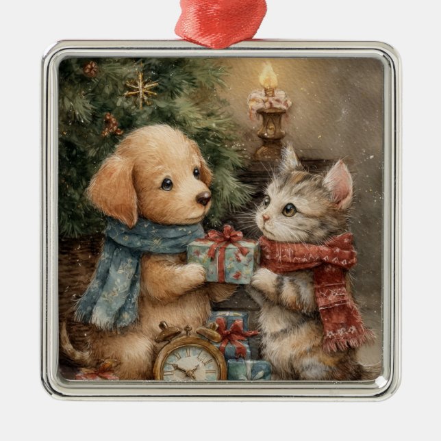 Ornement Carré Argenté Christmas Puppy and Kitten Gift (Devant)