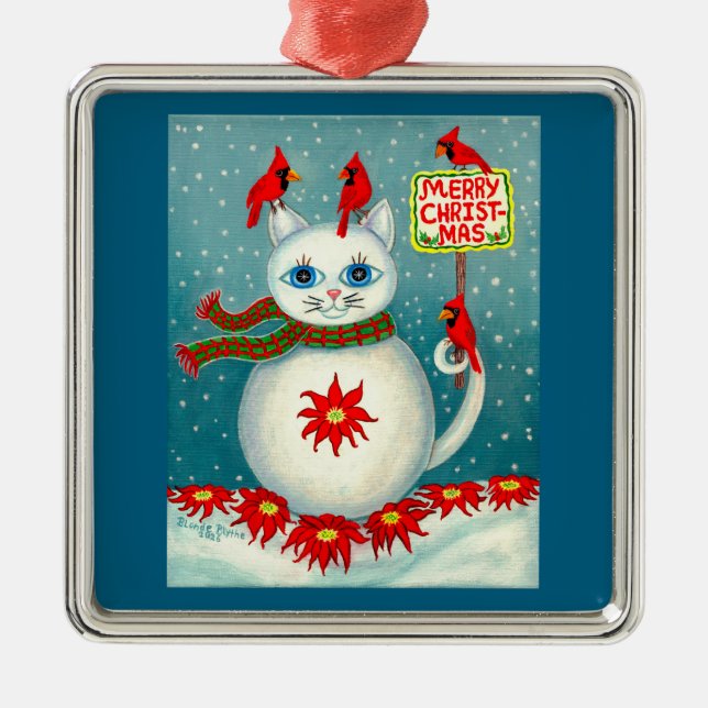 Ornement Carré Argenté Christmas Snowcat Cardinal Bird Snowman Poinsettia (Devant)