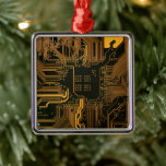 Ornement Carré Argenté Circuit imprimé Cyber Orange motif de piste en art<br><div class="desc">Donnez à vos accessoires une esthétique high-tech avec ce graphisme haute définition représentant une carte de circuit imprimé (PCB) nue. Conçu pour ceux qui apprécient l'architecture fondamentale de la technologie numérique, ce visuel met en valeur la beauté minimaliste d'un masque de soudure orange foncé accentué par un réseau complexe de...</div>