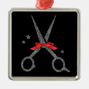 Ornement Carré Argenté Ciseaux de parties scintillant en argent - Coiffeu