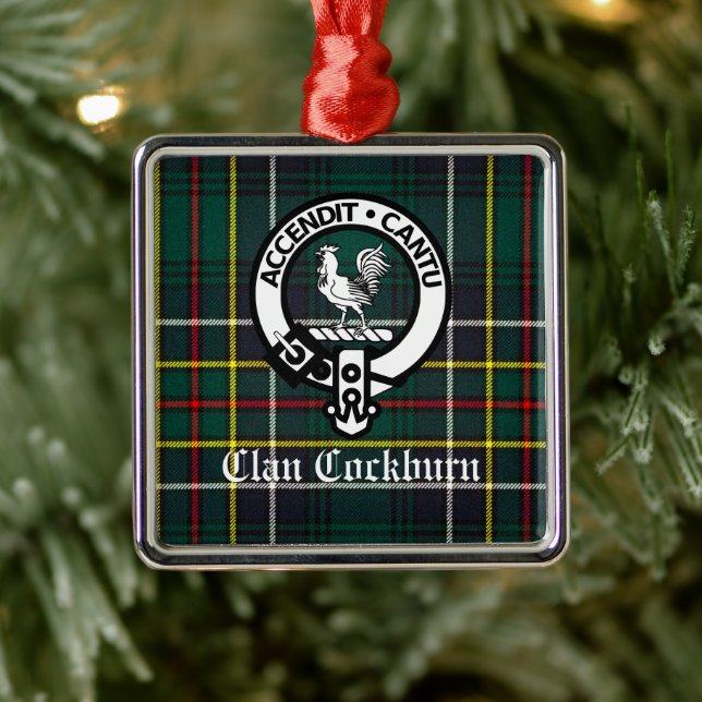 Ornement Carré Argenté Clan Cockburn Crest Badge et Tartan (Arbre)