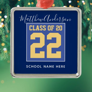 Ornement Carré Argenté Classe de 2023 Elégant Royal Blue & Gold Graduatio